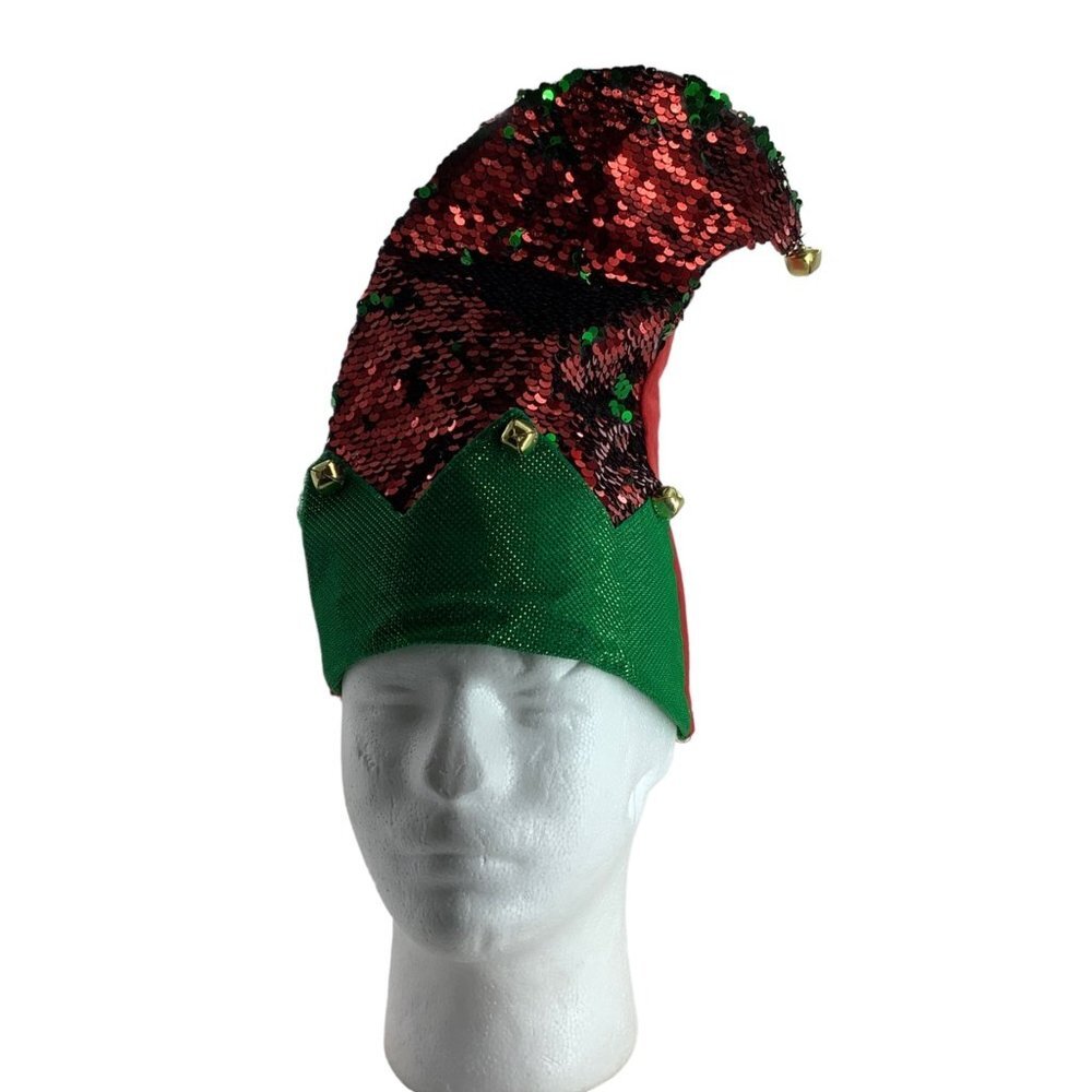 Jester Elf Hat Cap Red Green Flip‎ Sequins Felt Jingle Bells One Size 12" High
